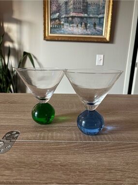 Set of Two Vintage Martini Glasses with Colored Ball Stems - Green & Blue